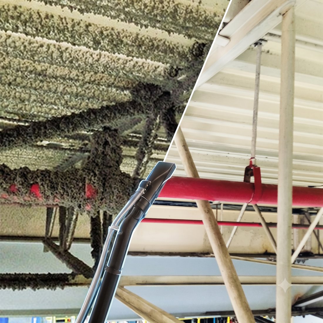 Before and after high dusting: a dust-caked ceiling on one side, cleaned steel on the other